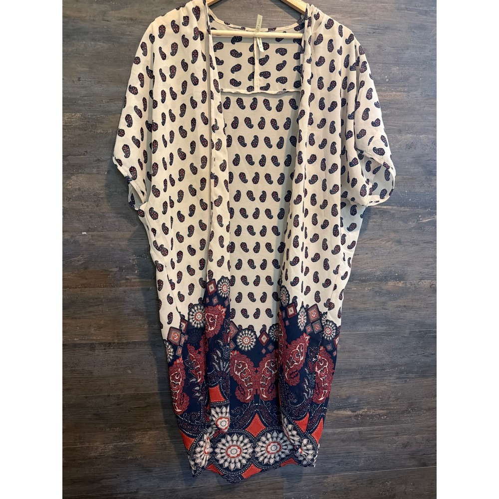 Live 4 Truth Womens Paisley Kimono Cardigan Open Front Cream Navy Red Size M